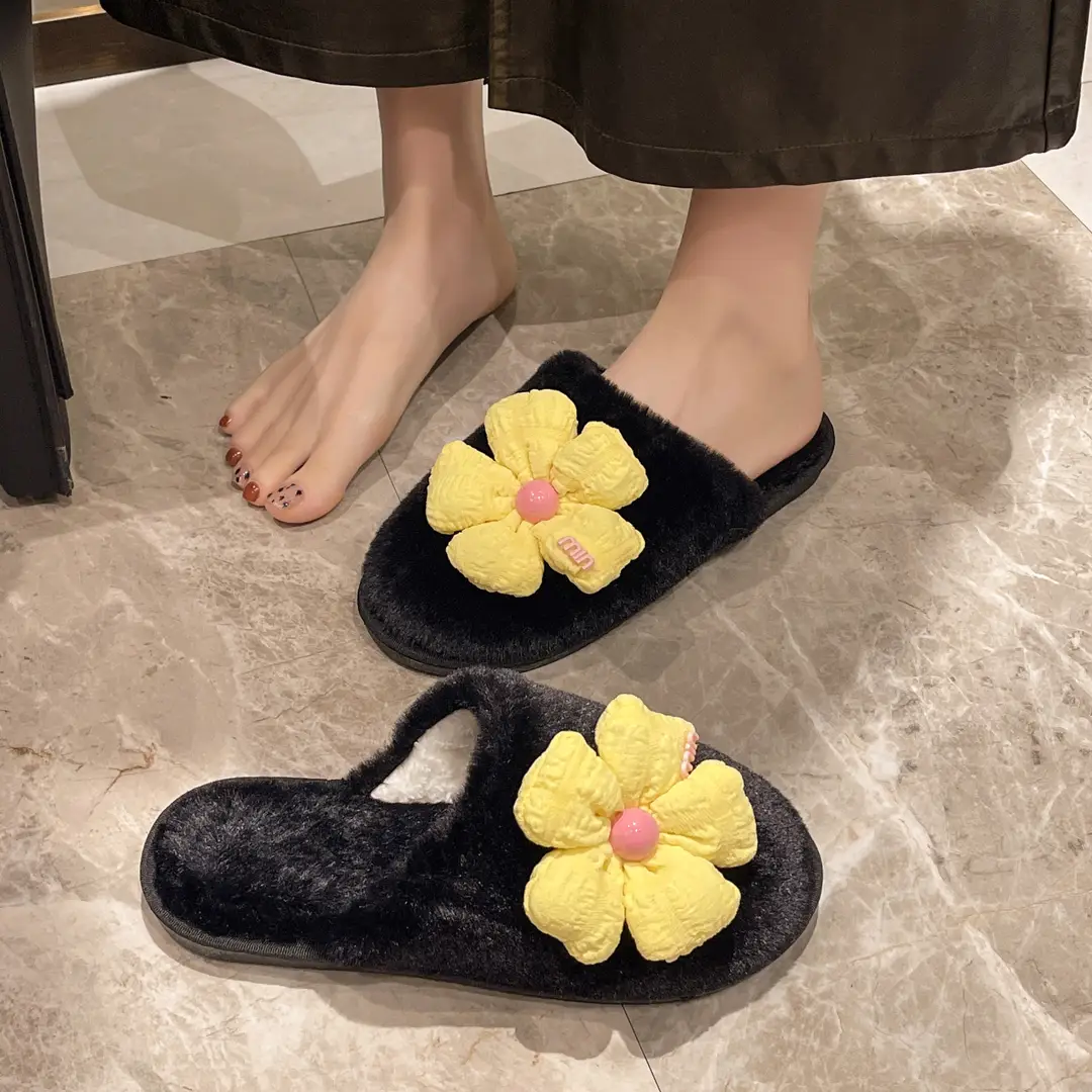Foreign trade Baotou cute flower ladies plush slippers warm fluffy slippers sweet wind home cotton slippers wholesale — feature 6