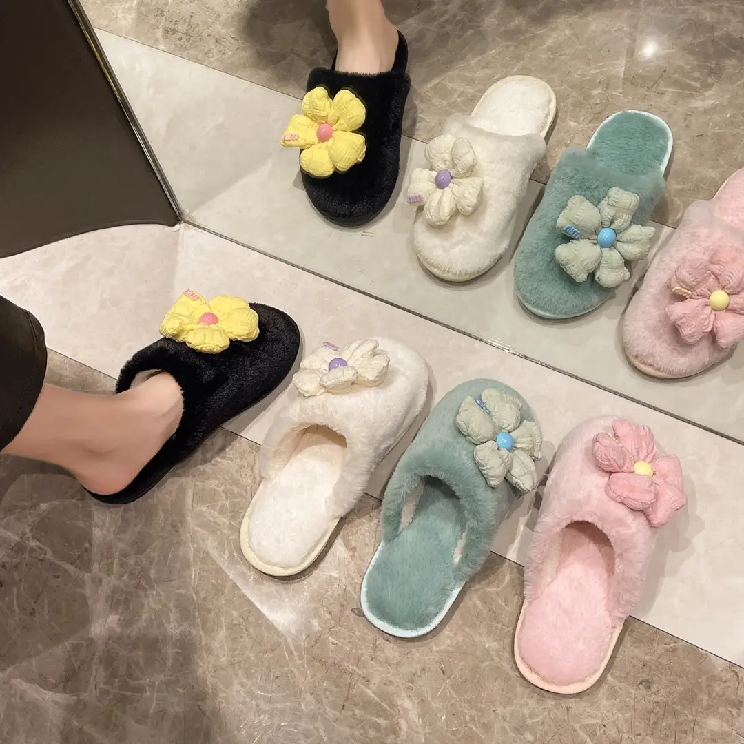 Foreign trade Baotou cute flower ladies plush slippers warm fluffy slippers sweet wind home cotton slippers wholesale — feature 8