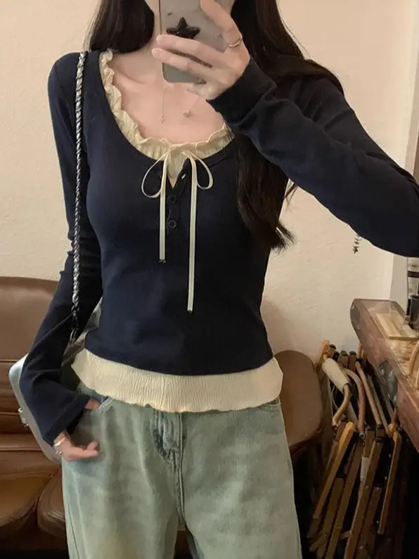 One-Piece Drop-Shipping Autumn Faux Two-Piece Chic Inner Layering Shirt for Women 2026 New Slim-Fit Long-Sleeve T-Shirt Top for Women