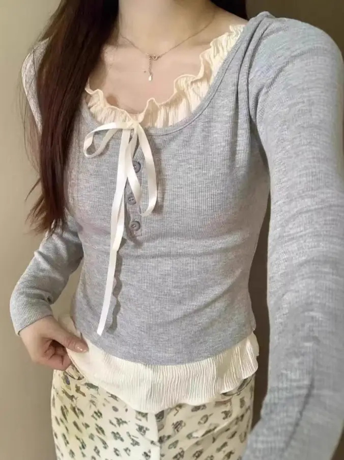 One-Piece Drop-Shipping Autumn Faux Two-Piece Chic Inner Layering Shirt for Women 2026 New Slim-Fit Long-Sleeve T-Shirt Top for Women