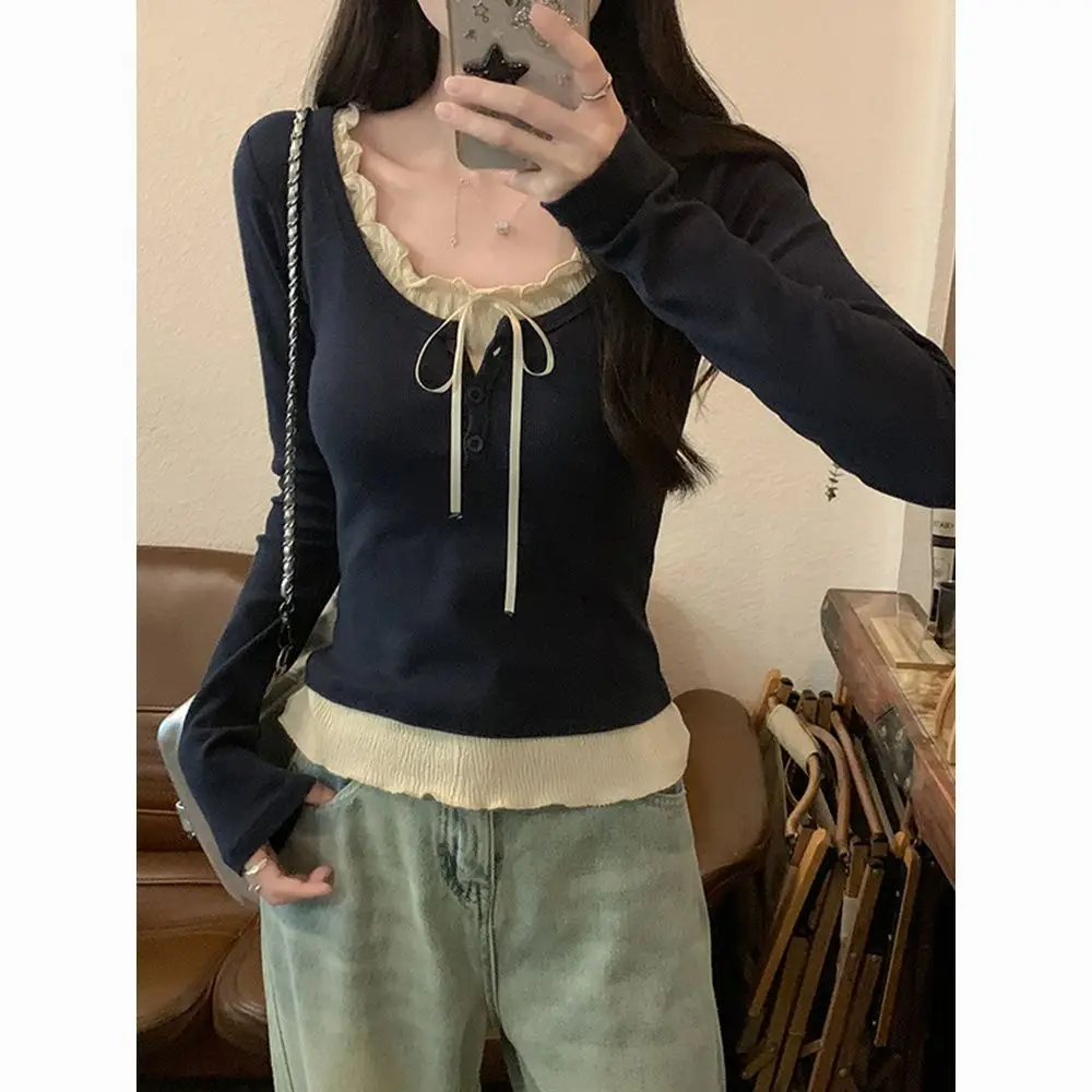 One-Piece Drop-Shipping Autumn Faux Two-Piece Chic Inner Layering Shirt for Women 2026 New Slim-Fit Long-Sleeve T-Shirt Top for Women — feature 5