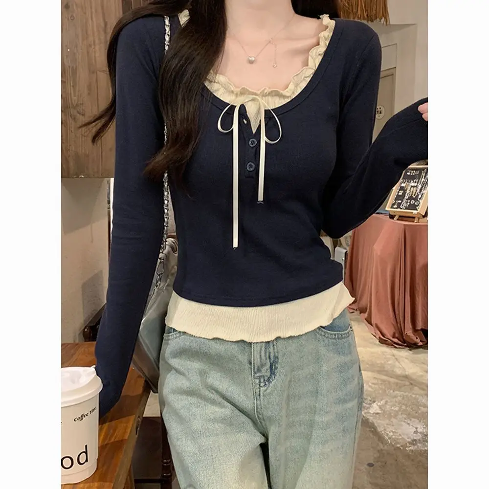 One-Piece Drop-Shipping Autumn Faux Two-Piece Chic Inner Layering Shirt for Women 2026 New Slim-Fit Long-Sleeve T-Shirt Top for Women — feature 6