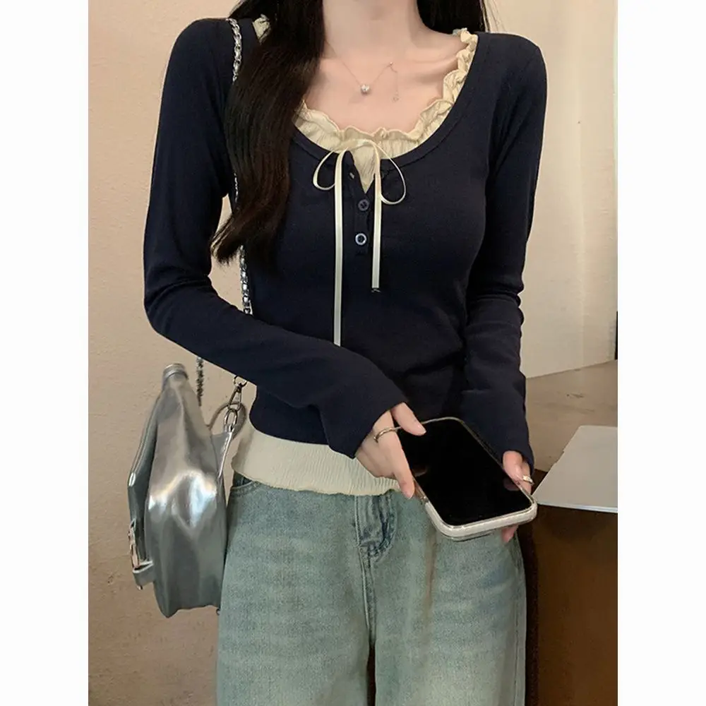 One-Piece Drop-Shipping Autumn Faux Two-Piece Chic Inner Layering Shirt for Women 2026 New Slim-Fit Long-Sleeve T-Shirt Top for Women — feature 7
