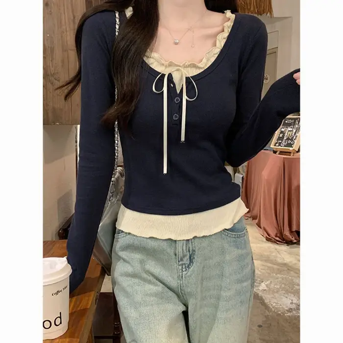 One-Piece Drop-Shipping Autumn Faux Two-Piece Chic Inner Layering Shirt for Women 2026 New Slim-Fit Long-Sleeve T-Shirt Top for Women
