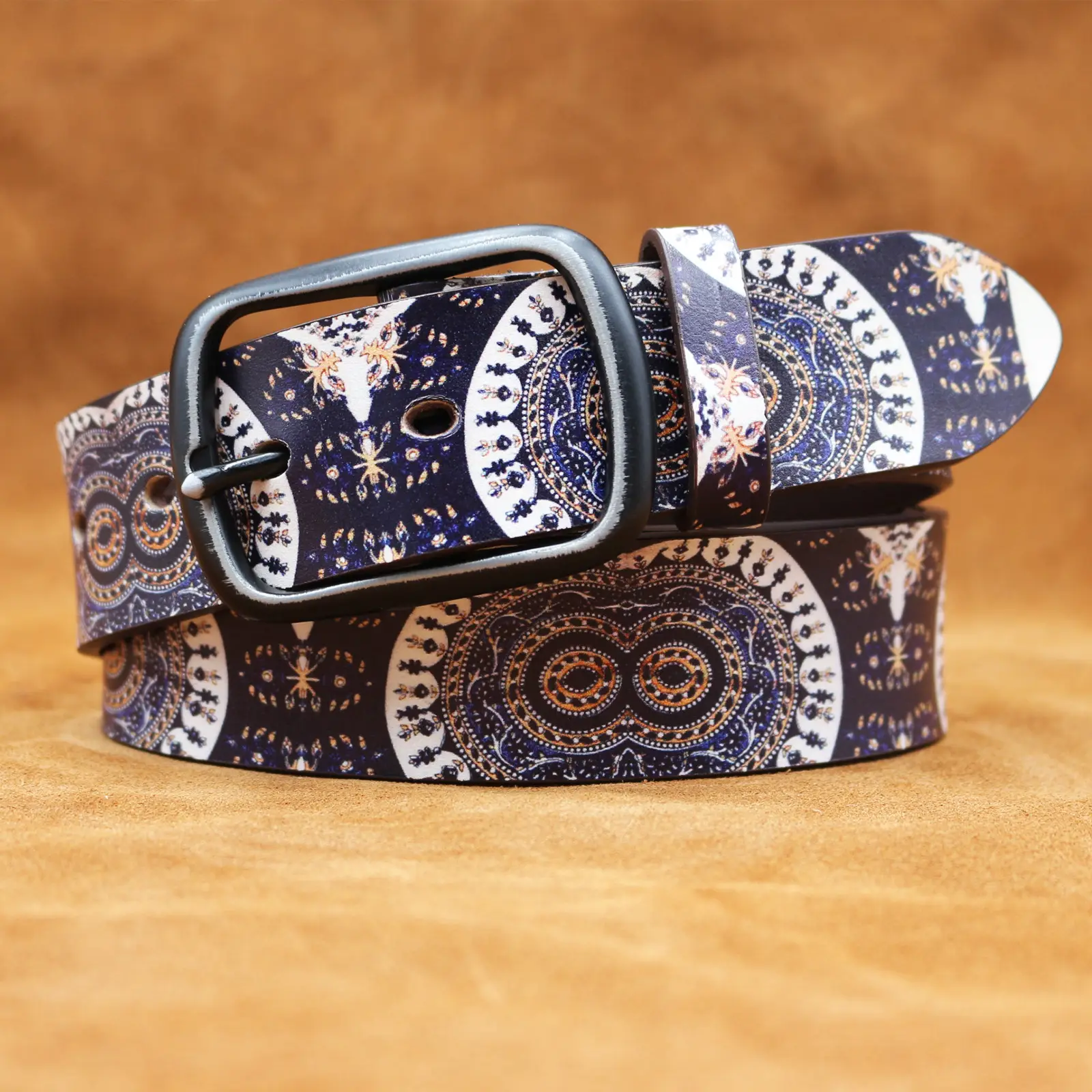 Vintage Owl Eyes Belt with Graffiti Print Blue Brown