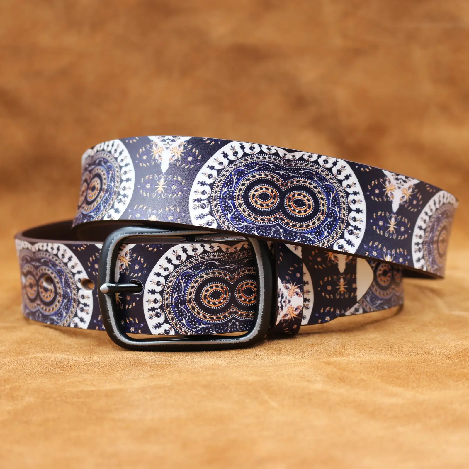 Vintage Owl Eyes Belt with Graffiti Print Blue Brown — feature 1