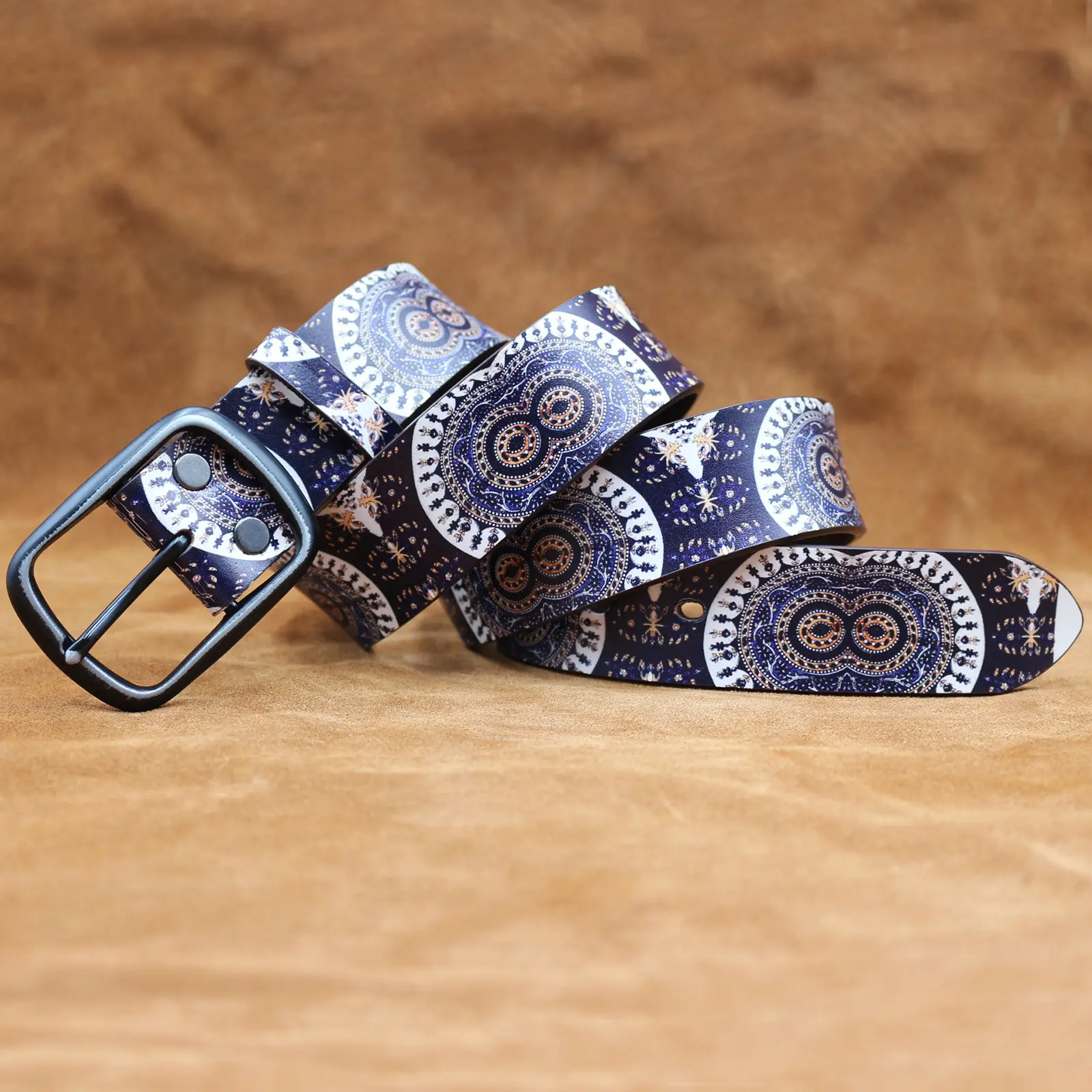 Vintage Owl Eyes Belt with Graffiti Print Blue Brown — feature 4