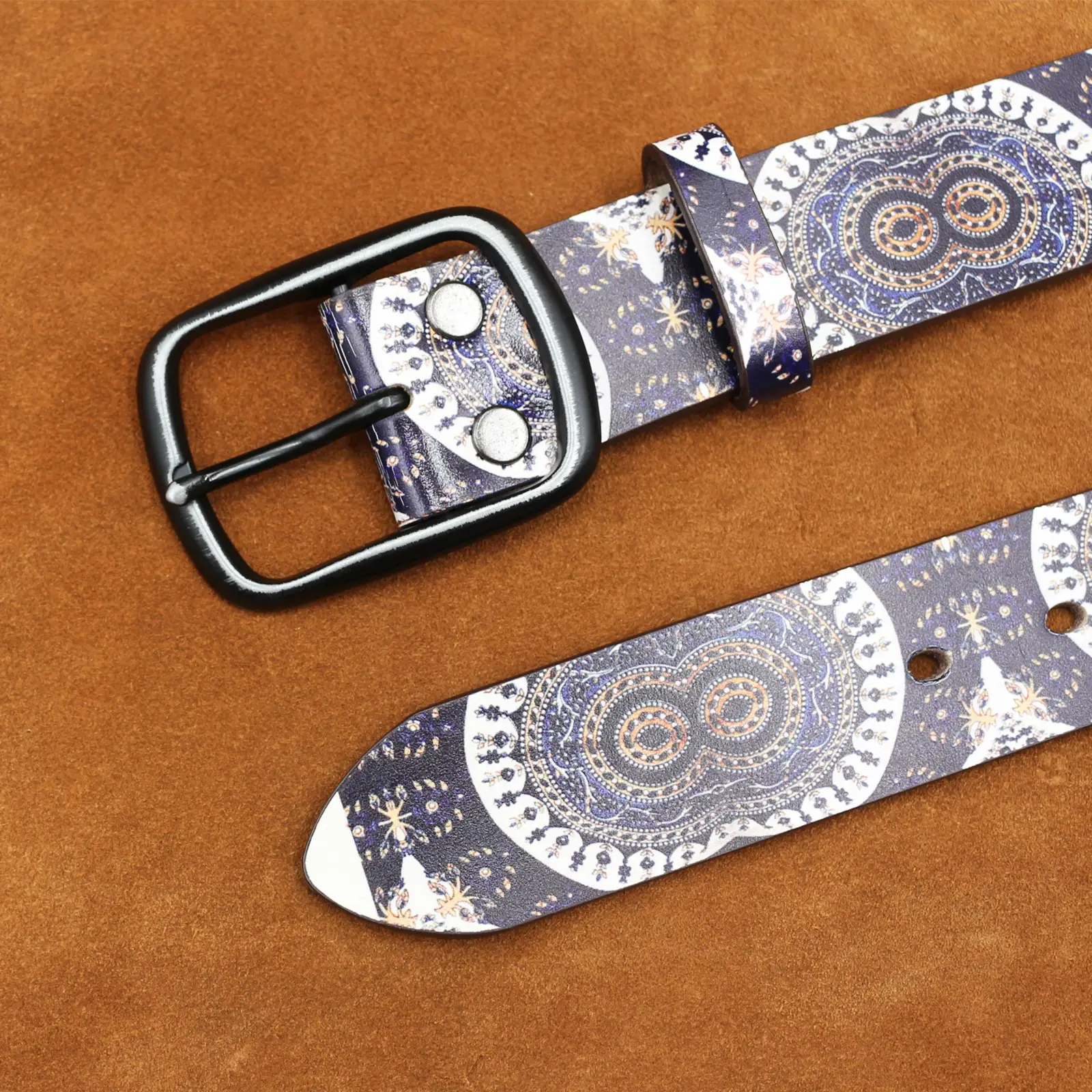 Vintage Owl Eyes Belt with Graffiti Print Blue Brown — feature 5