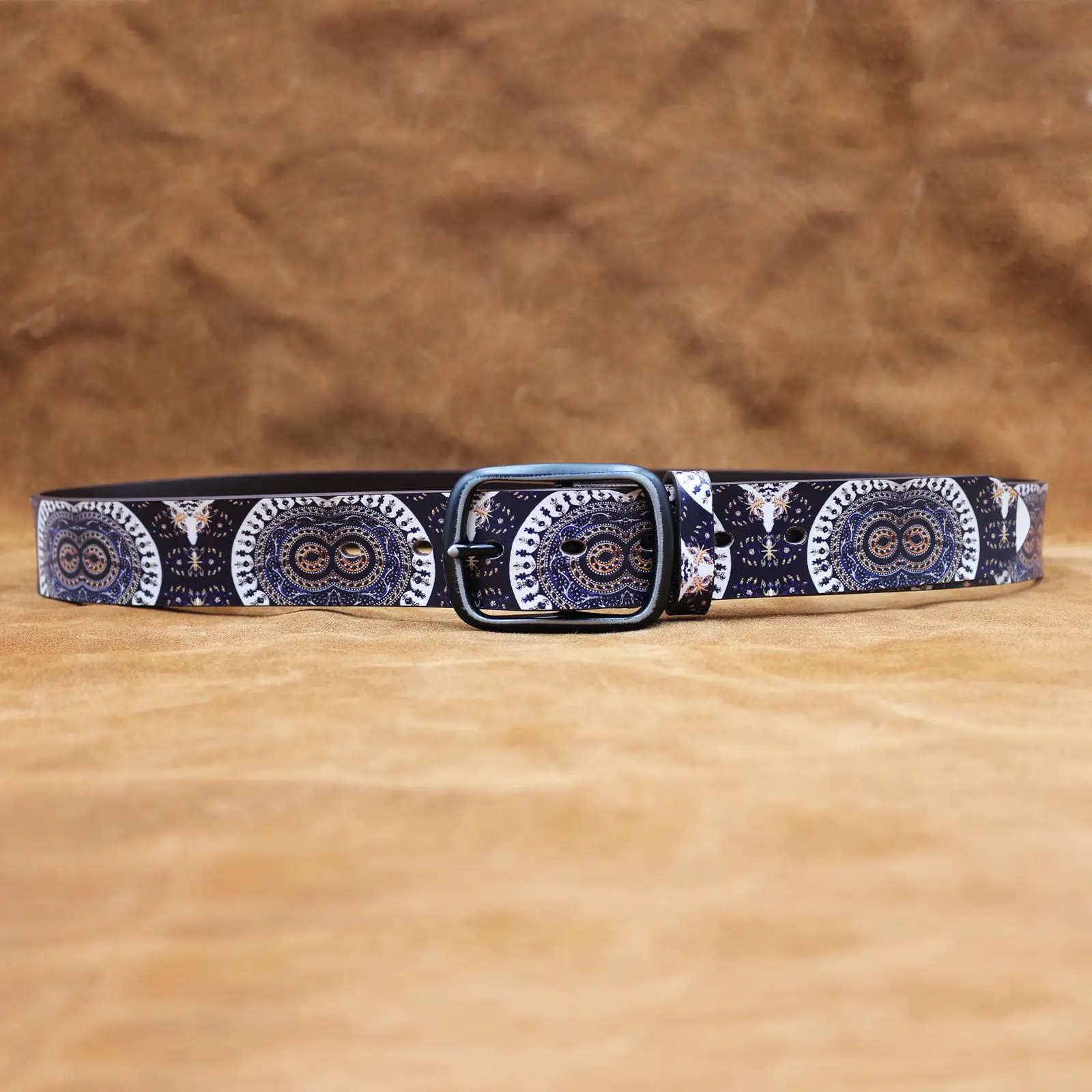 Vintage Owl Eyes Belt with Graffiti Print Blue Brown — feature 6