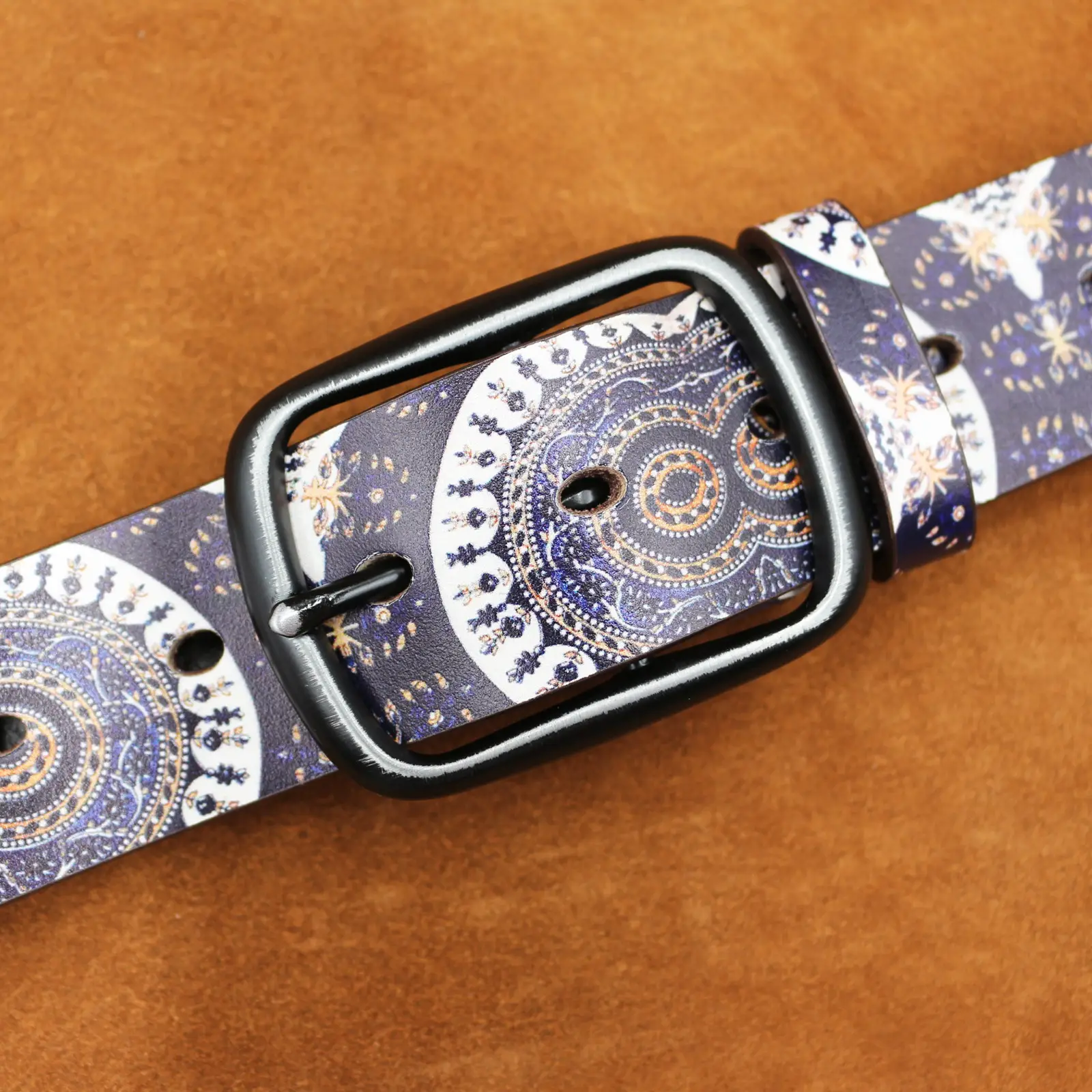 Vintage Owl Eyes Belt with Graffiti Print Blue Brown — feature 7