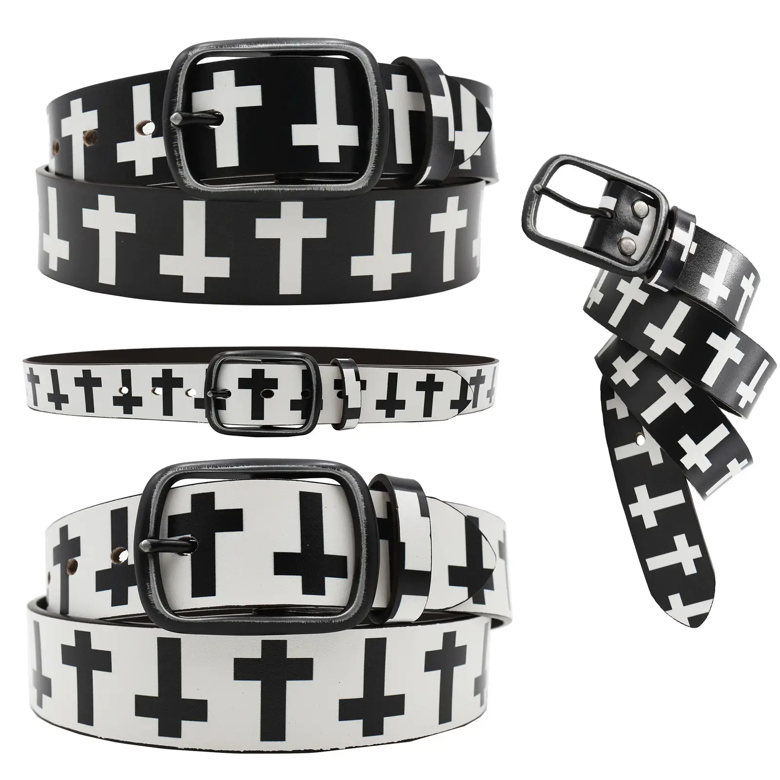 Vintage Black Cross Print Belt for Men - Image 3