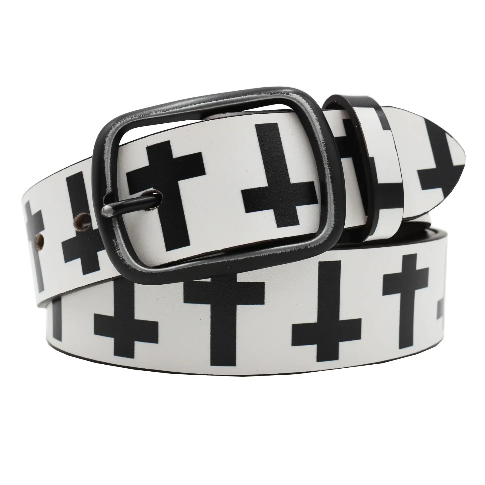 Vintage Black Cross Print Belt for Men — feature 14
