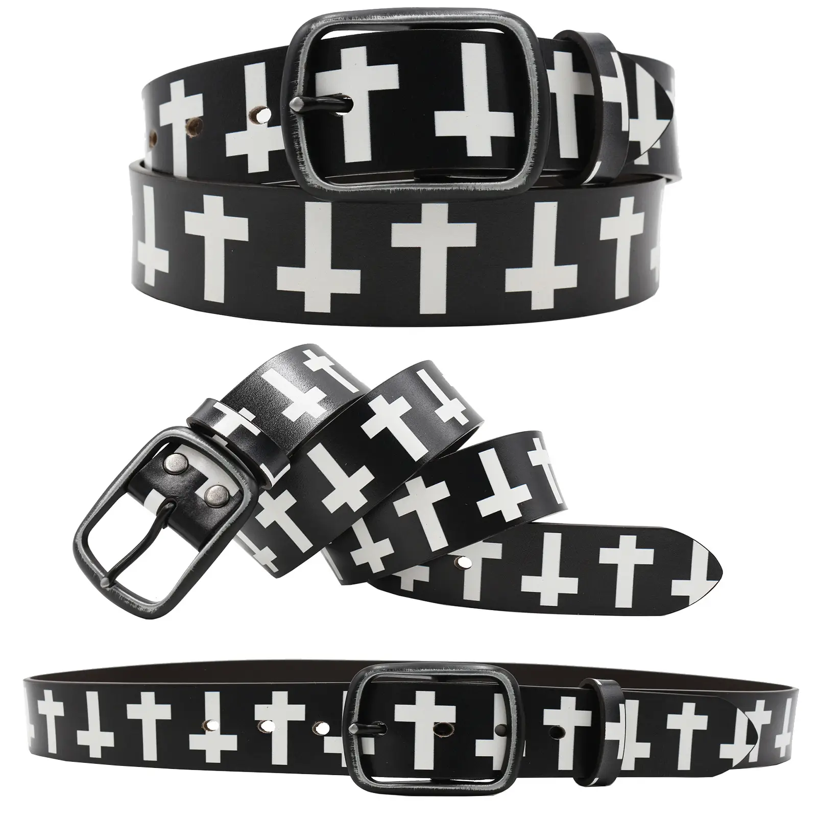 Vintage Black Cross Print Belt for Men - Image 2