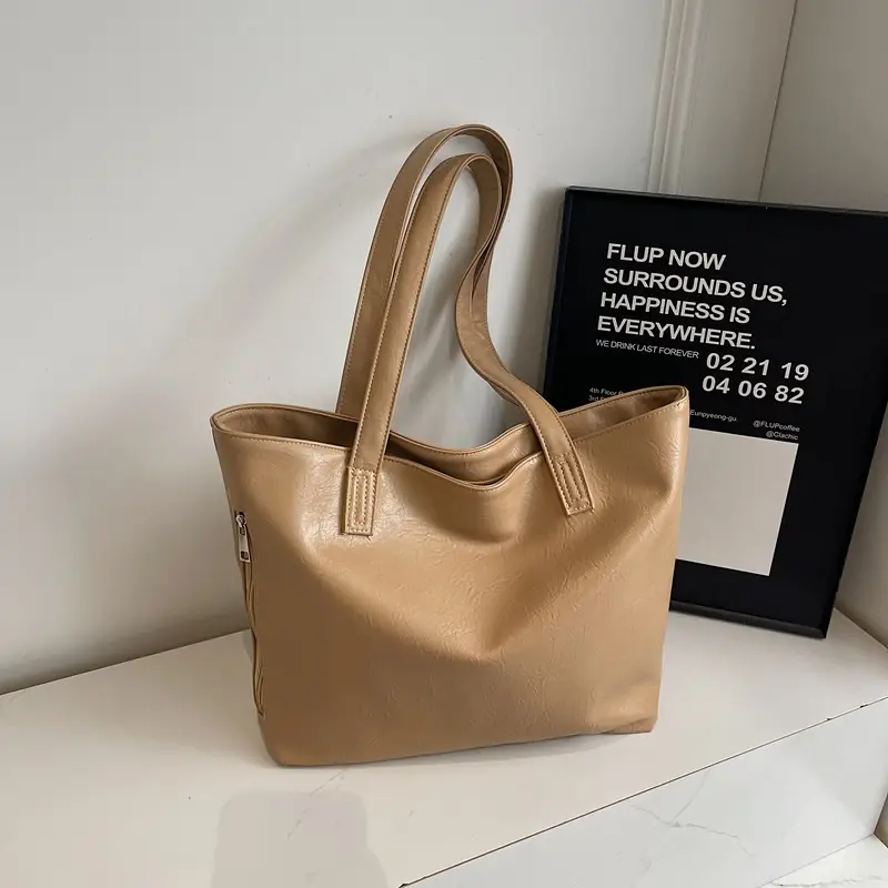 Large Capacity Solid Beige Tote Bag for Women - Image 5