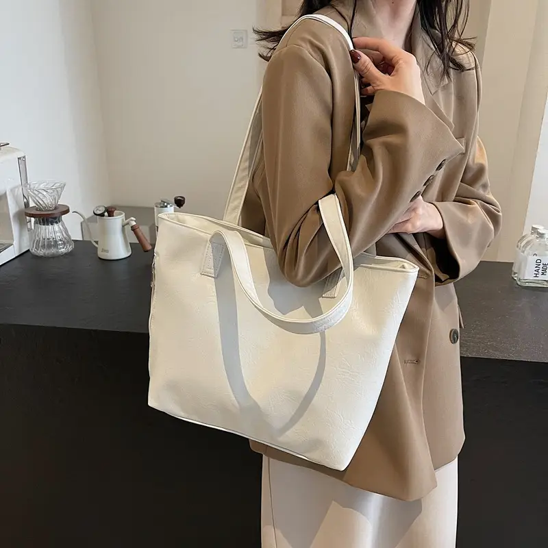 Large Capacity Solid Beige Tote Bag for Women - Image 6