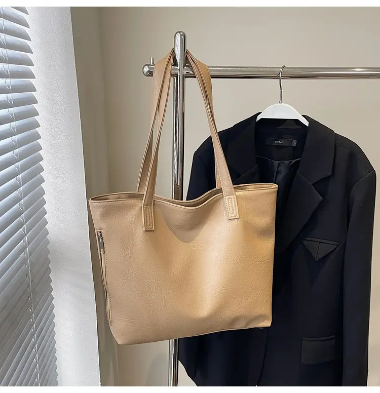 Large Capacity Solid Beige Tote Bag for Women - Image 3