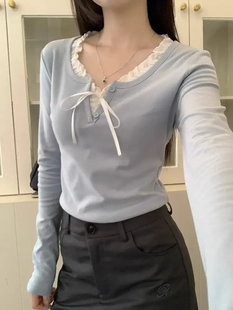 Lace Collar Tie-Up Long-Sleeve T-Shirt Autumn and Winter Bow-Knot Patchwork Slim-Fit Base Shirt Unique Women's Top Wholesale
