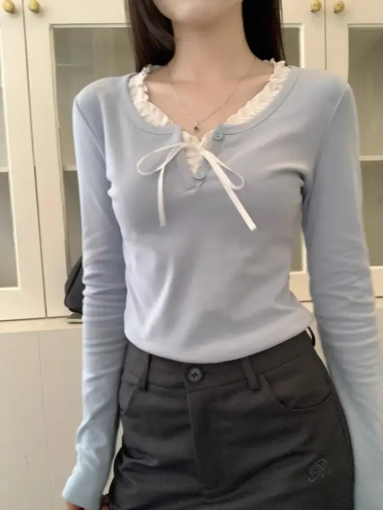 Lace Collar Tie-Up Long-Sleeve T-Shirt Autumn and Winter Bow-Knot Patchwork Slim-Fit Base Shirt Unique Women's Top Wholesale — feature 6