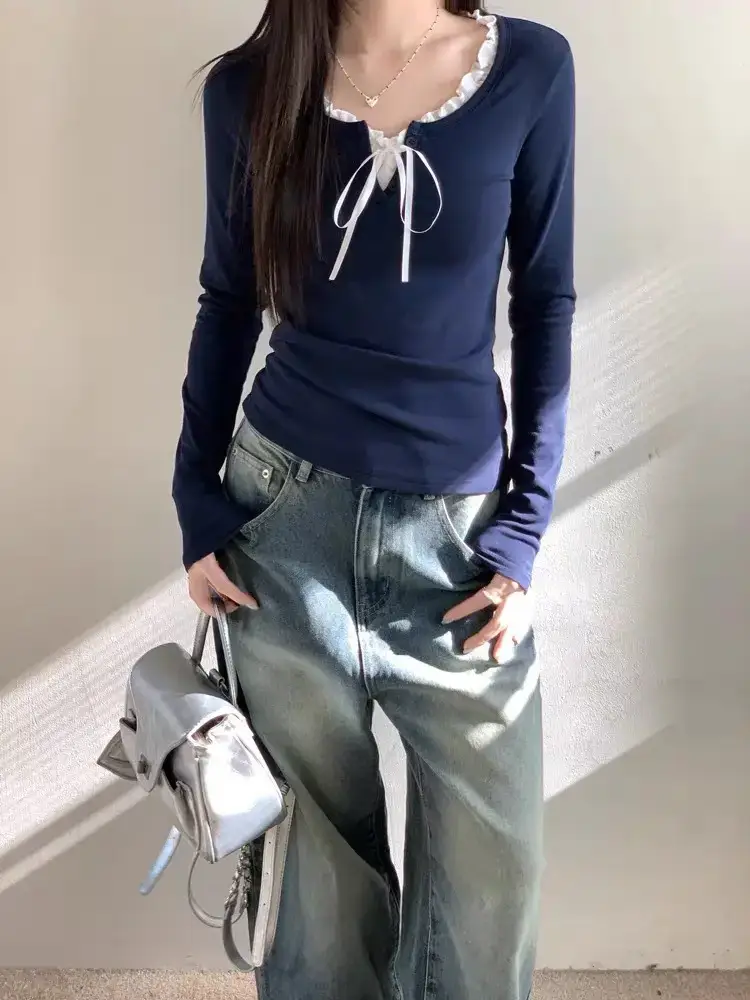 Lace Collar Tie-Up Long-Sleeve T-Shirt Autumn and Winter Bow-Knot Patchwork Slim-Fit Base Shirt Unique Women's Top Wholesale — feature 8