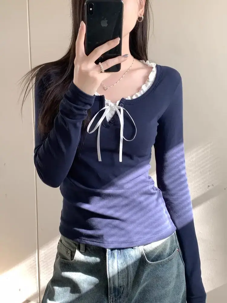Lace Collar Tie-Up Long-Sleeve T-Shirt Autumn and Winter Bow-Knot Patchwork Slim-Fit Base Shirt Unique Women's Top Wholesale