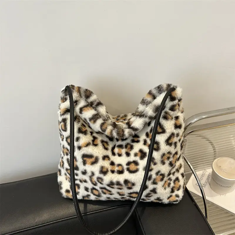 Leopard Print Fluffy Shoulder Commuter Tote Bag Large Capacity - Image 2
