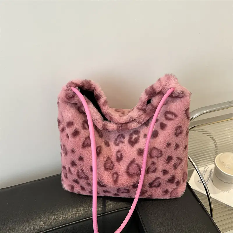 Leopard Print Fluffy Shoulder Commuter Tote Bag Large Capacity - Image 3