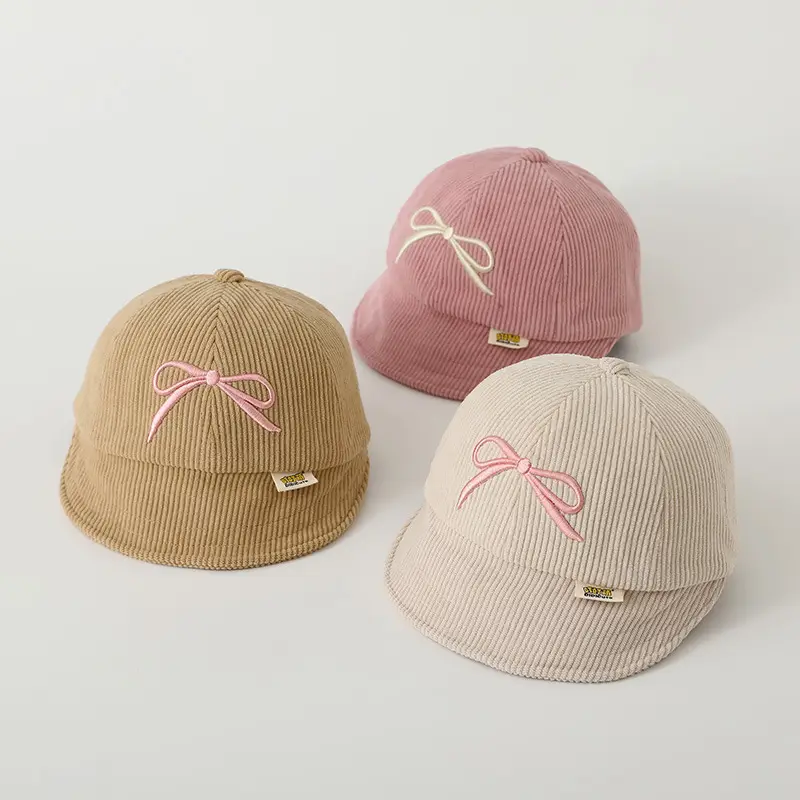 Pink Embroidered Bow Baby Cap for Girls