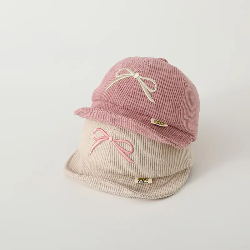 Pink Embroidered Bow Baby Cap for Girls