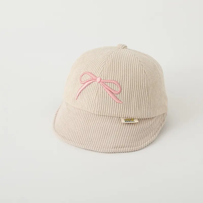 Pink Embroidered Bow Baby Cap for Girls