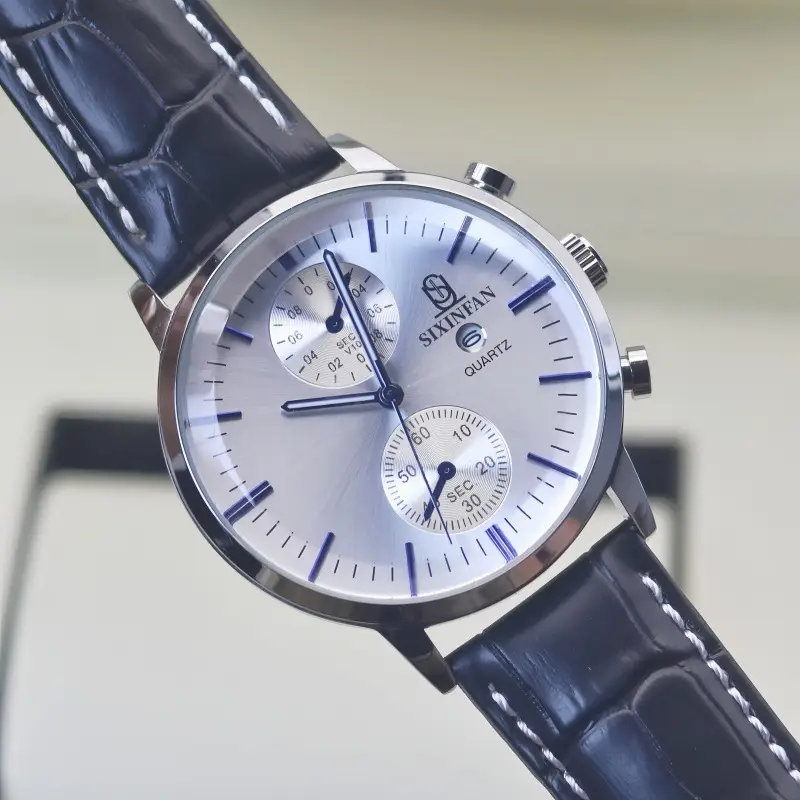 Men's Mechanical Quartz Watch with Black Leather Strap