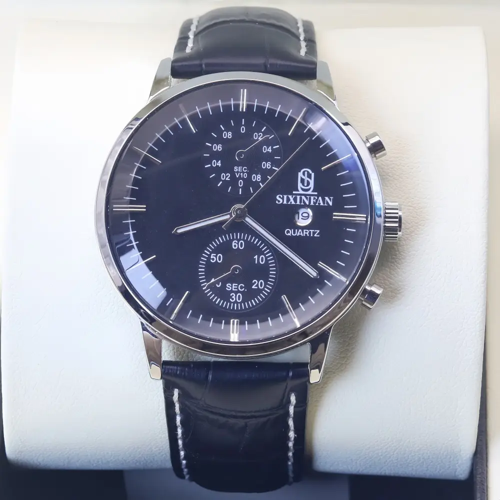 Men's Mechanical Quartz Watch with Black Leather Strap
