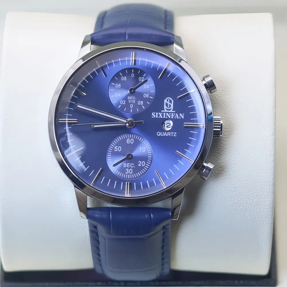 Men's Mechanical Quartz Watch with Black Leather Strap