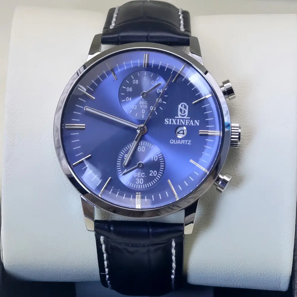 Men's Mechanical Quartz Watch with Black Leather Strap