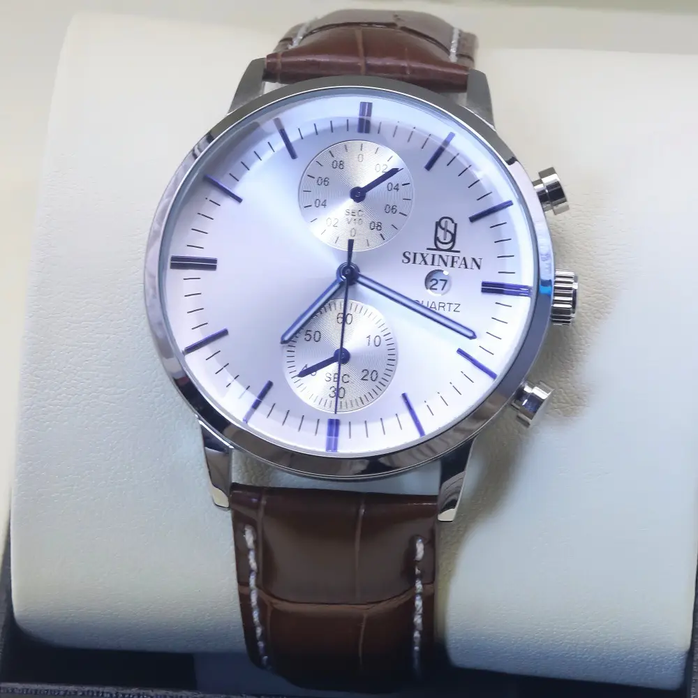 Men's Mechanical Quartz Watch with Black Leather Strap