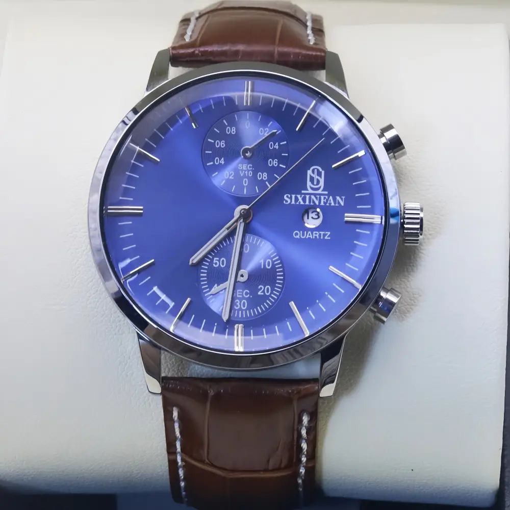 Men's Mechanical Quartz Watch with Black Leather Strap