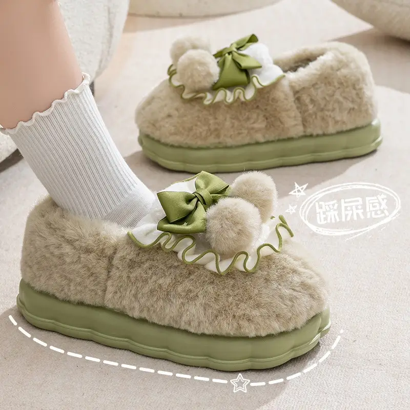 Bow Cotton Slippers Ladies Winter 2024 Non-Slip Fleece - Image 6