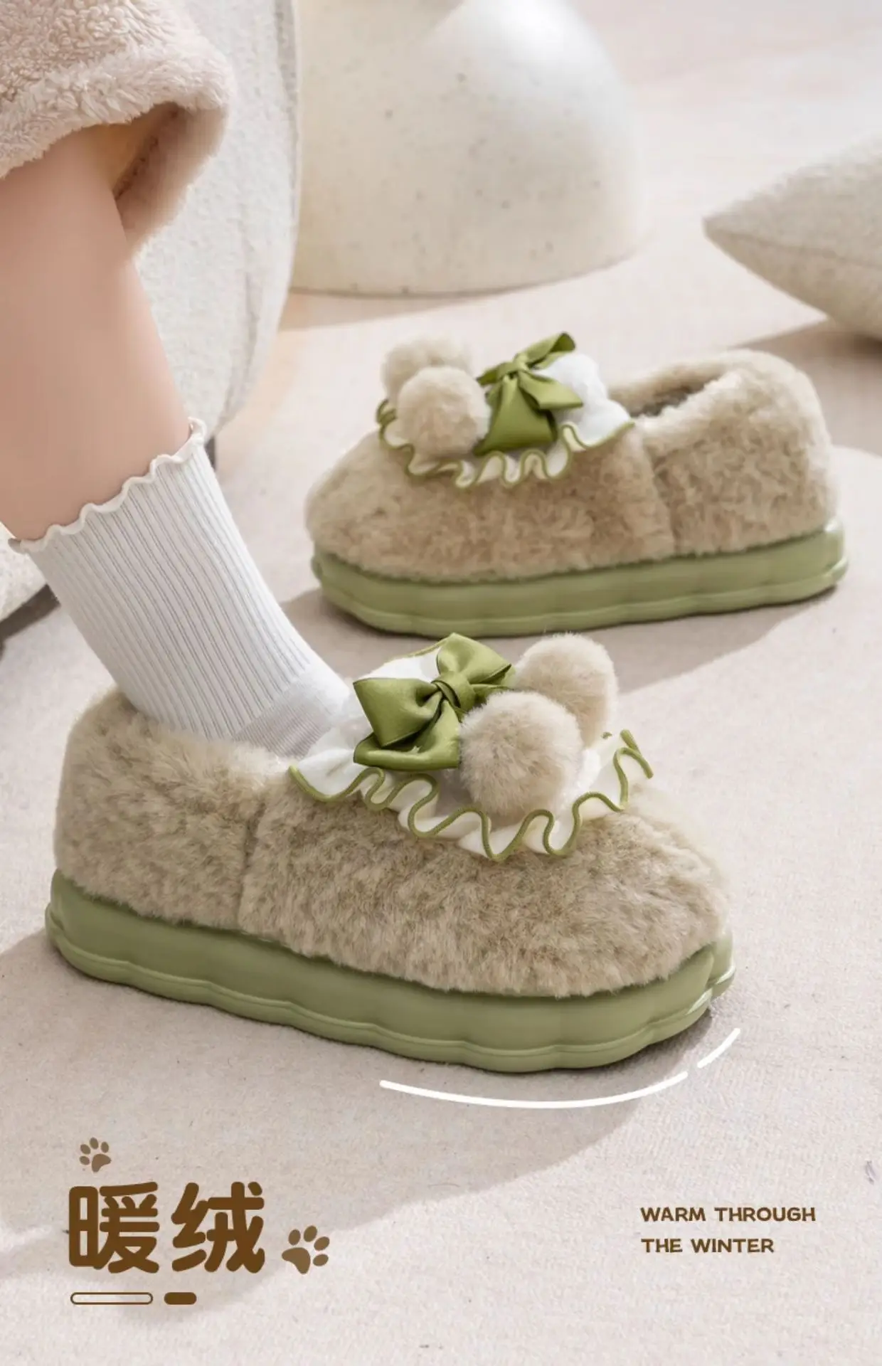 Bow Cotton Slippers Ladies Winter 2024 Non-Slip Fleece — feature 20