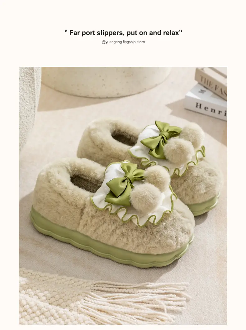 Bow Cotton Slippers Ladies Winter 2024 Non-Slip Fleece — feature 22