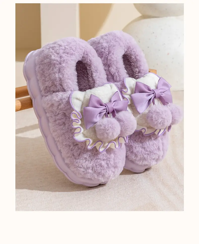 Bow Cotton Slippers Ladies Winter 2024 Non-Slip Fleece — feature 23