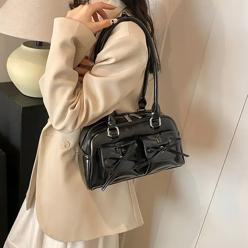 Black Pleated Bow Handbag for Women 2026 - Image 3