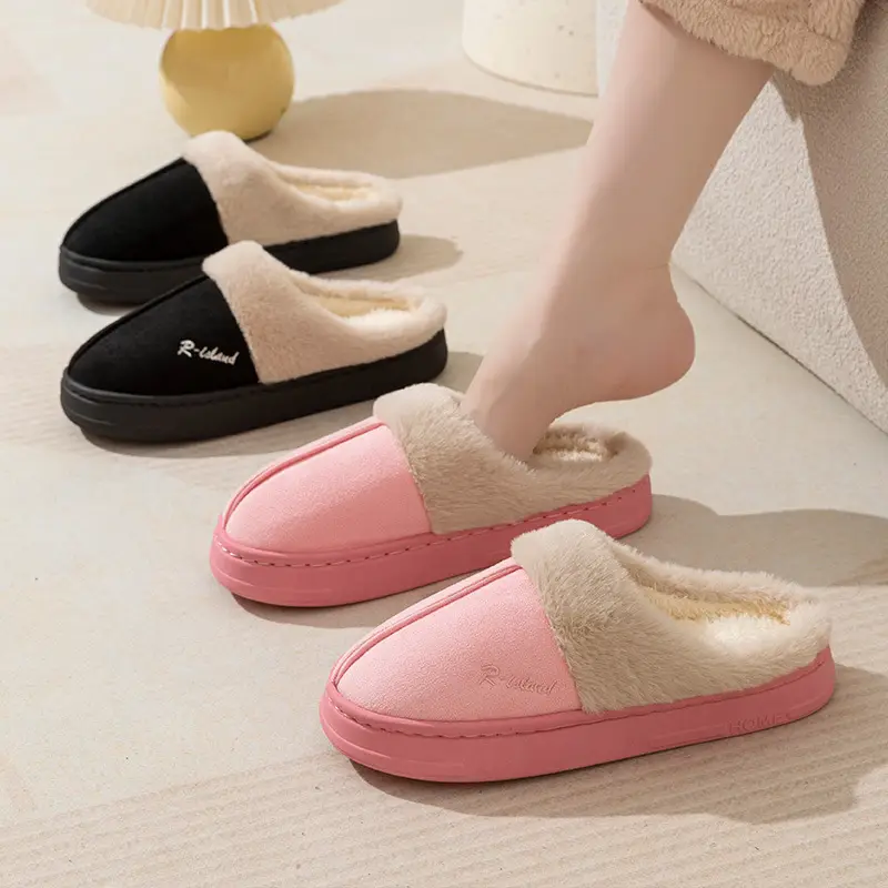 Women Pink Plush Winter Slippers Non-Slip Fleece Lined
