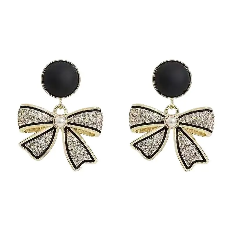New Black Bow Pearl Earrings for Women