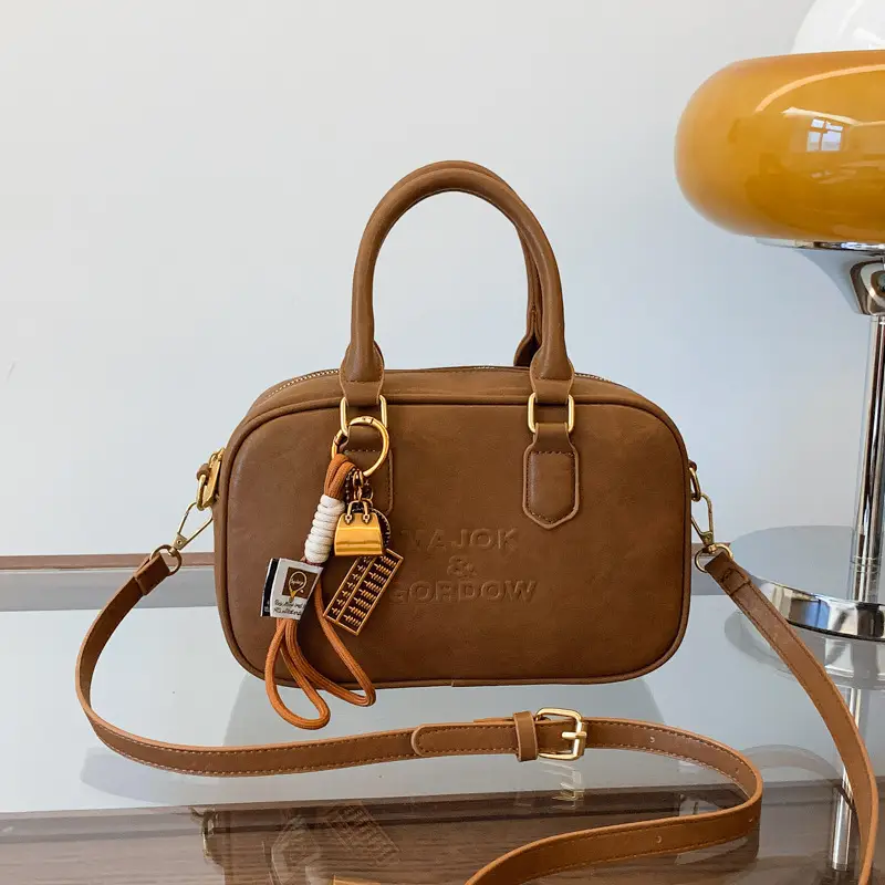 Women's Brown Leather Handbag with Gold Plated Handles - Image 7