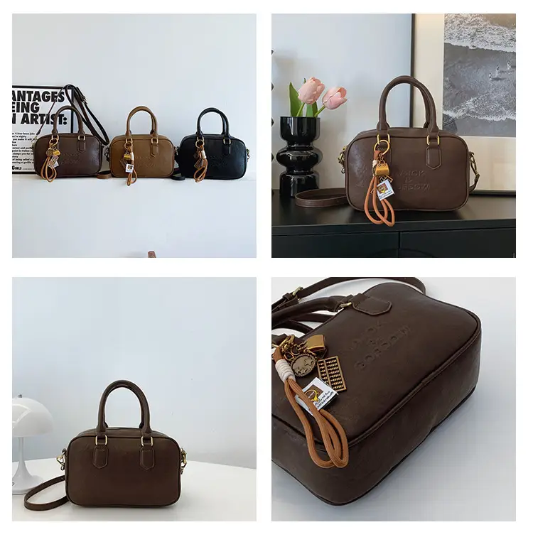 Women's Brown Leather Handbag with Gold Plated Handles — feature 10