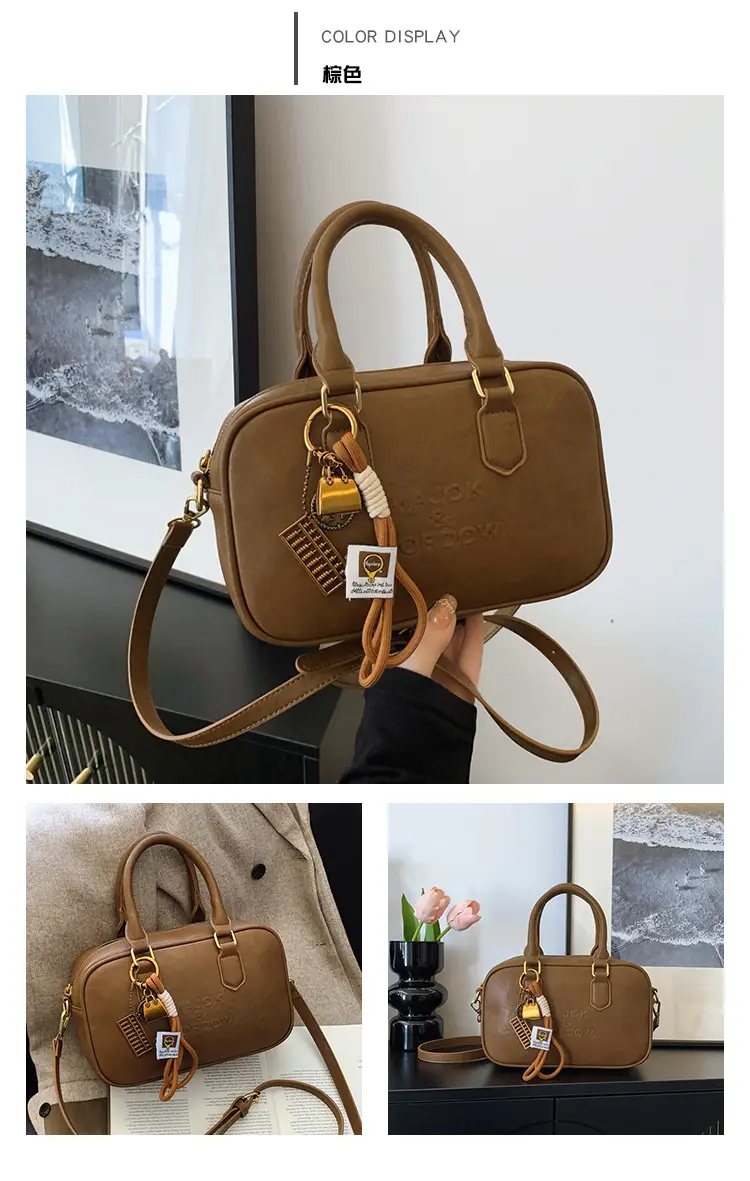 Women's Brown Leather Handbag with Gold Plated Handles — feature 12