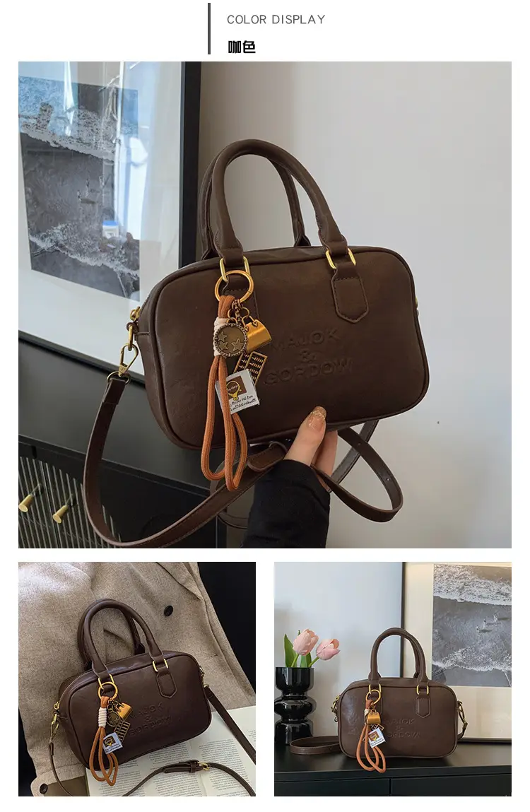 Women's Brown Leather Handbag with Gold Plated Handles — feature 13