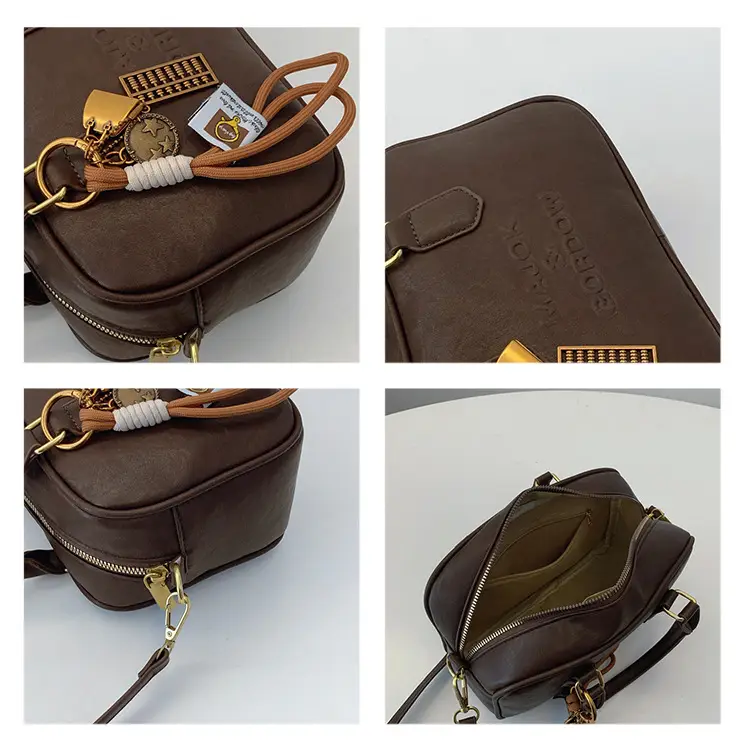 Women's Brown Leather Handbag with Gold Plated Handles — feature 14