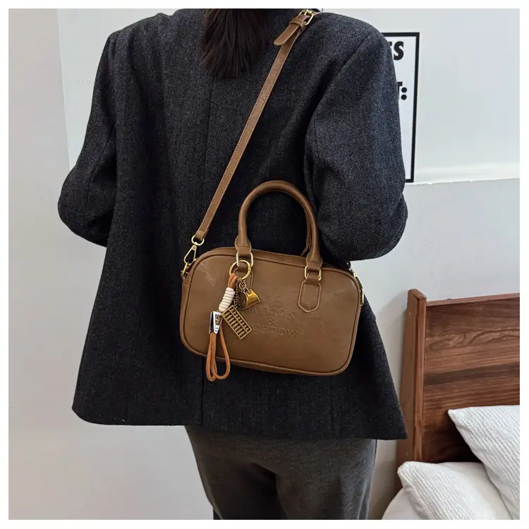 Women's Brown Leather Handbag with Gold Plated Handles — feature 15
