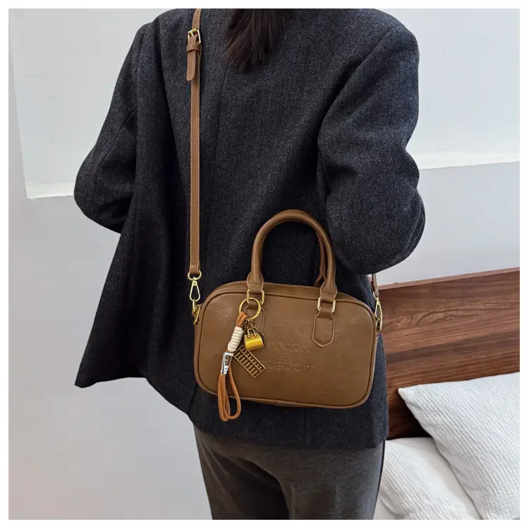 Women's Brown Leather Handbag with Gold Plated Handles — feature 16