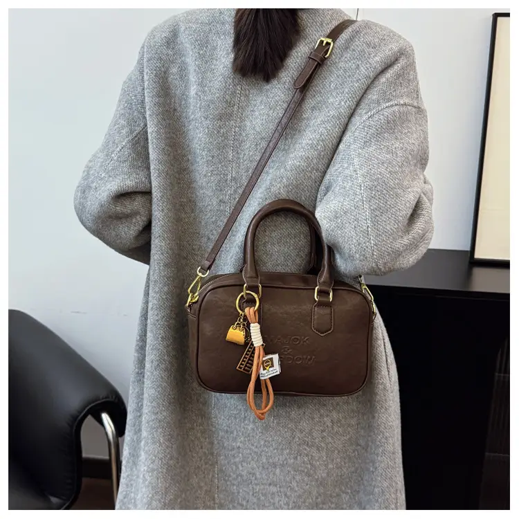 Women's Brown Leather Handbag with Gold Plated Handles — feature 18